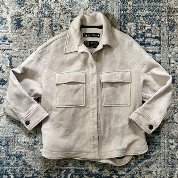 Zara Oversized Manteco Wool Blend Overshirt Shacket In Stone - Picture 4 of 9